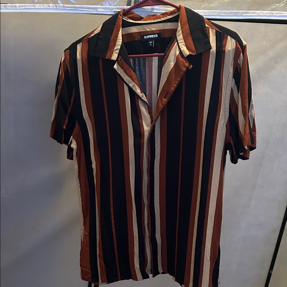 Express Men’s Short Sleeve Vertical Stripe Shirt - Black, Brown & Cream